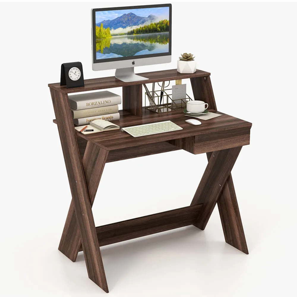 Single Drawer Computer Desk with Monitor Stand - Walnut