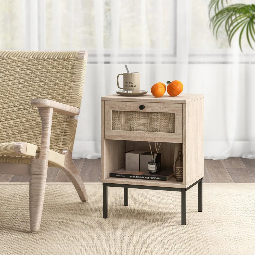 Single Drawer Nightstand with Shelf - Brown, Rattan