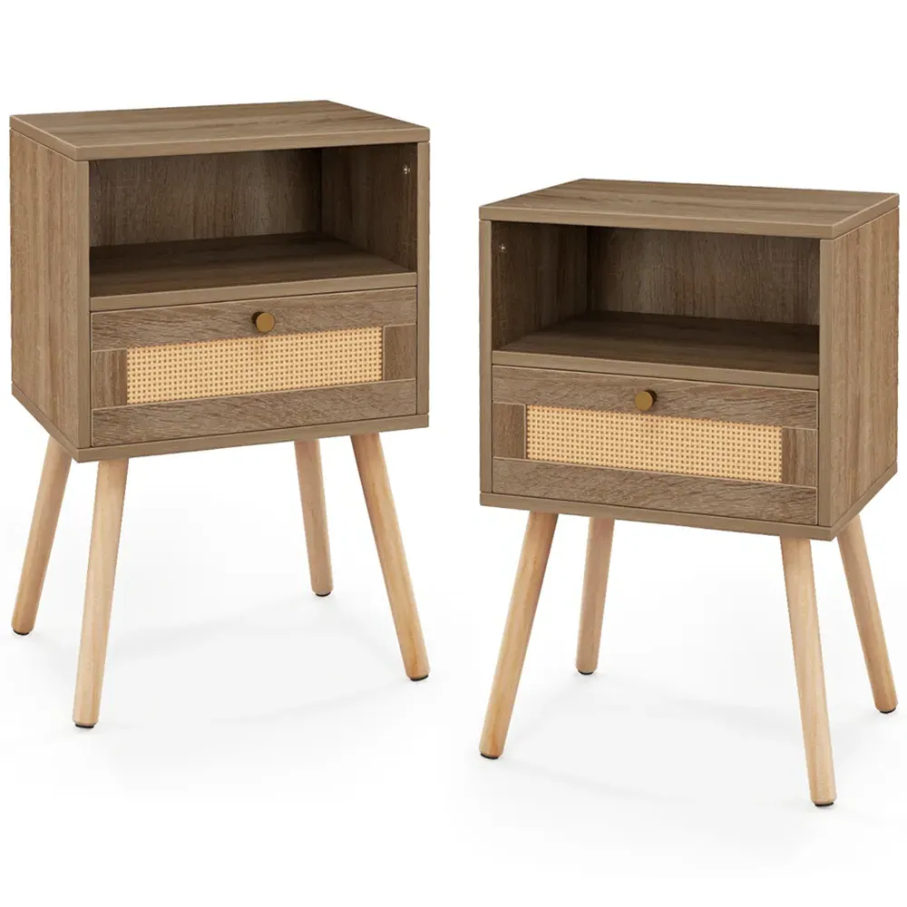 Single Drawer Rattan Bedside Table Set of 2 - Cream, Oak