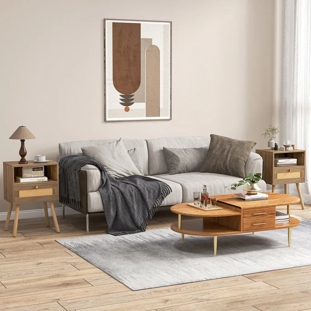 Single Drawer Rattan Bedside Table Set of 2 - Cream, Oak