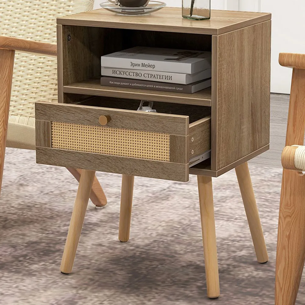 Single Drawer Rattan Bedside Table Set of 2 - Cream, Oak