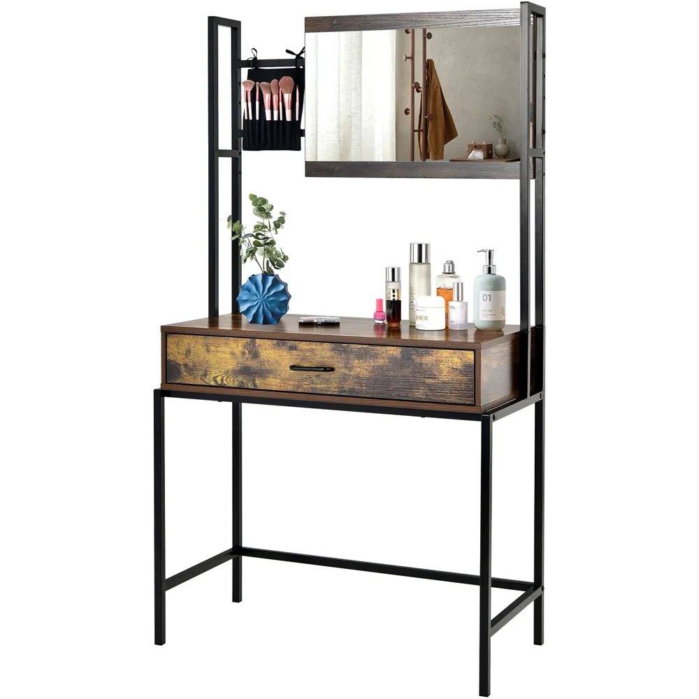 Single Drawer Vanity Dressing Table with Mirror - Brown