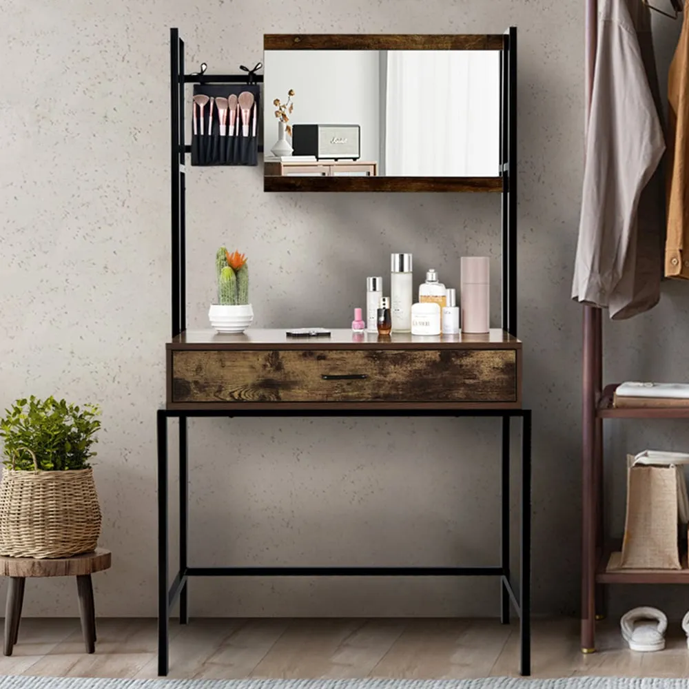 Single Drawer Vanity Dressing Table with Mirror - Brown