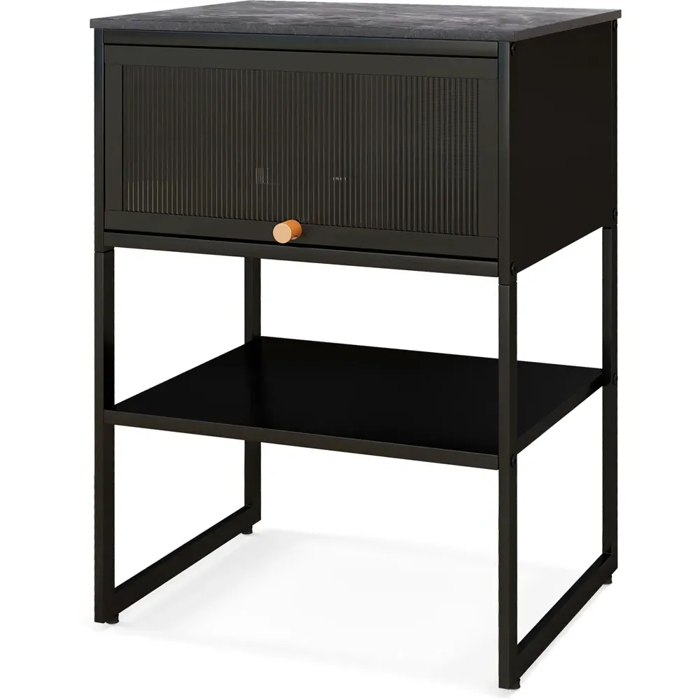 Single Flip Up Door Side Table with Shelf - Black