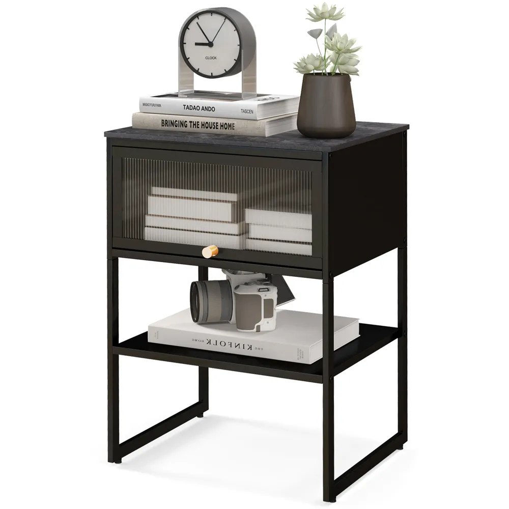 Single Flip Up Door Side Table with Shelf - Black