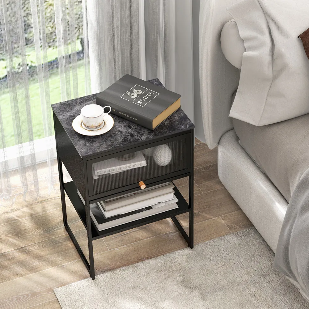 Single Flip Up Door Side Table with Shelf - Black