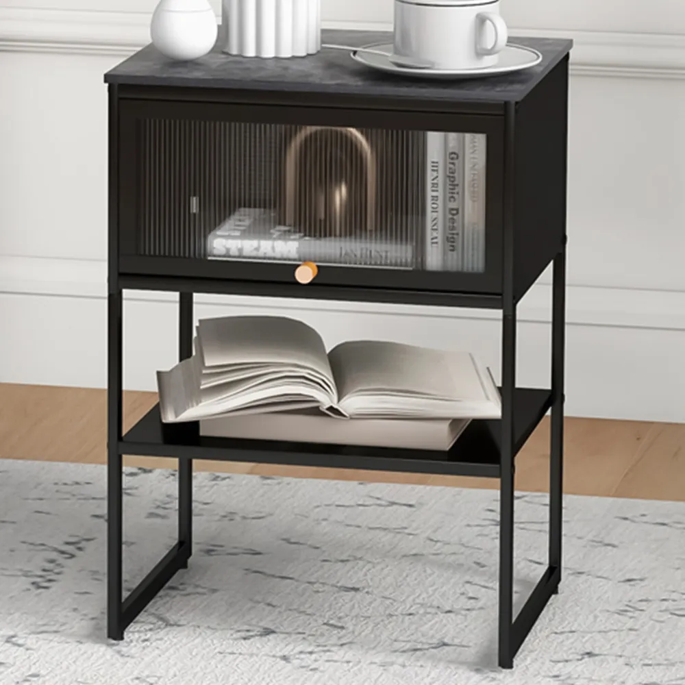 Single Flip Up Door Side Table with Shelf - Black