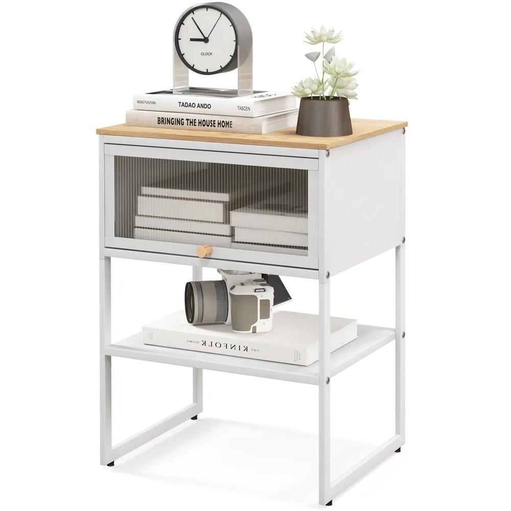 Single Flip Up Door Side Table with Shelf - White