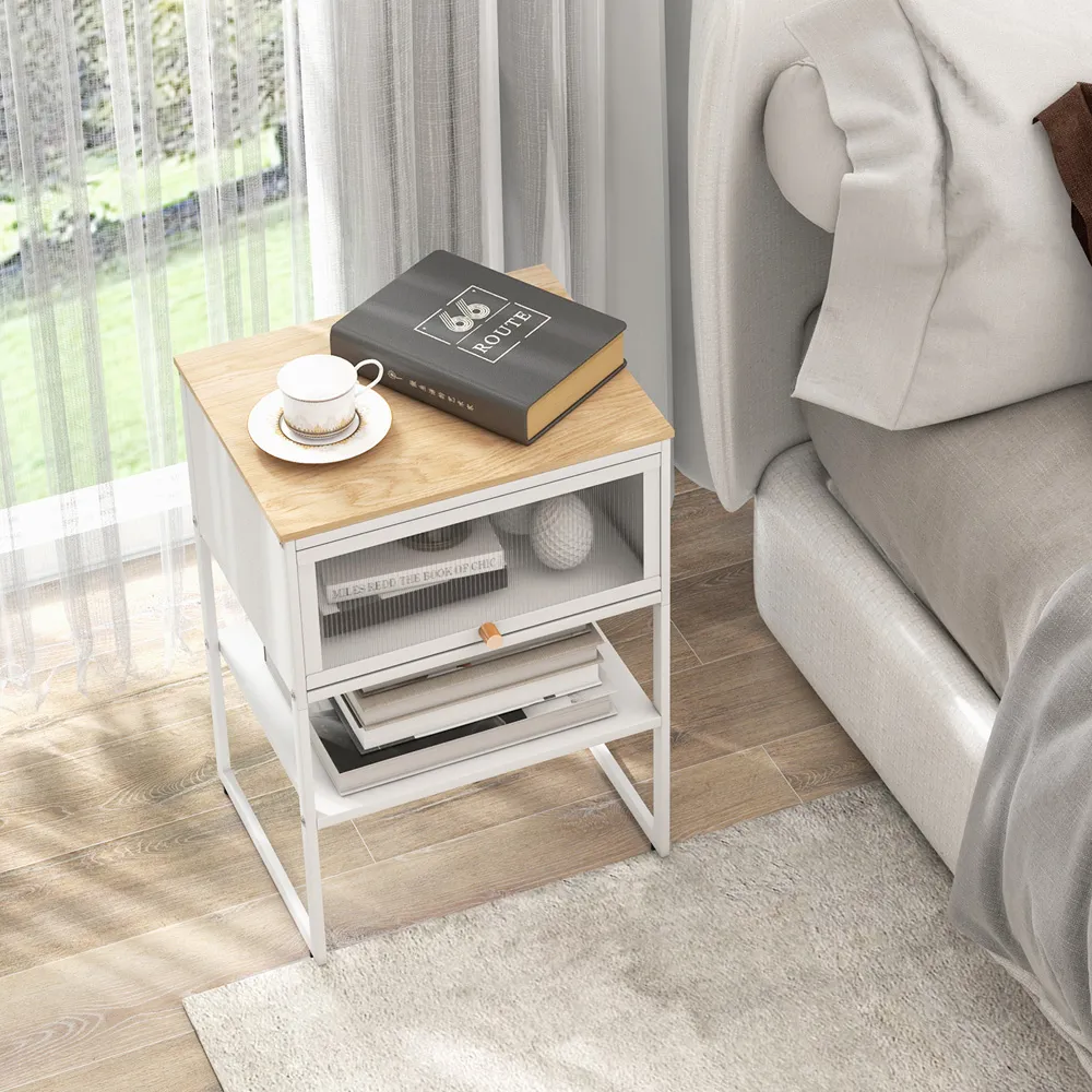 Single Flip Up Door Side Table with Shelf - White