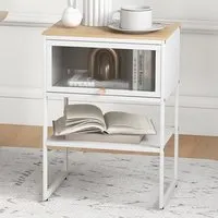 Single Flip Up Door Side Table with Shelf - White