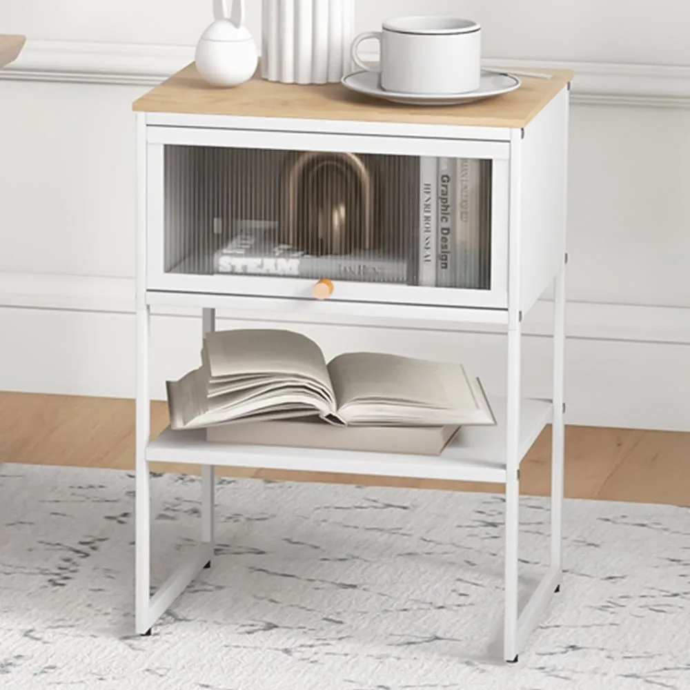 Single Flip Up Door Side Table with Shelf - White image