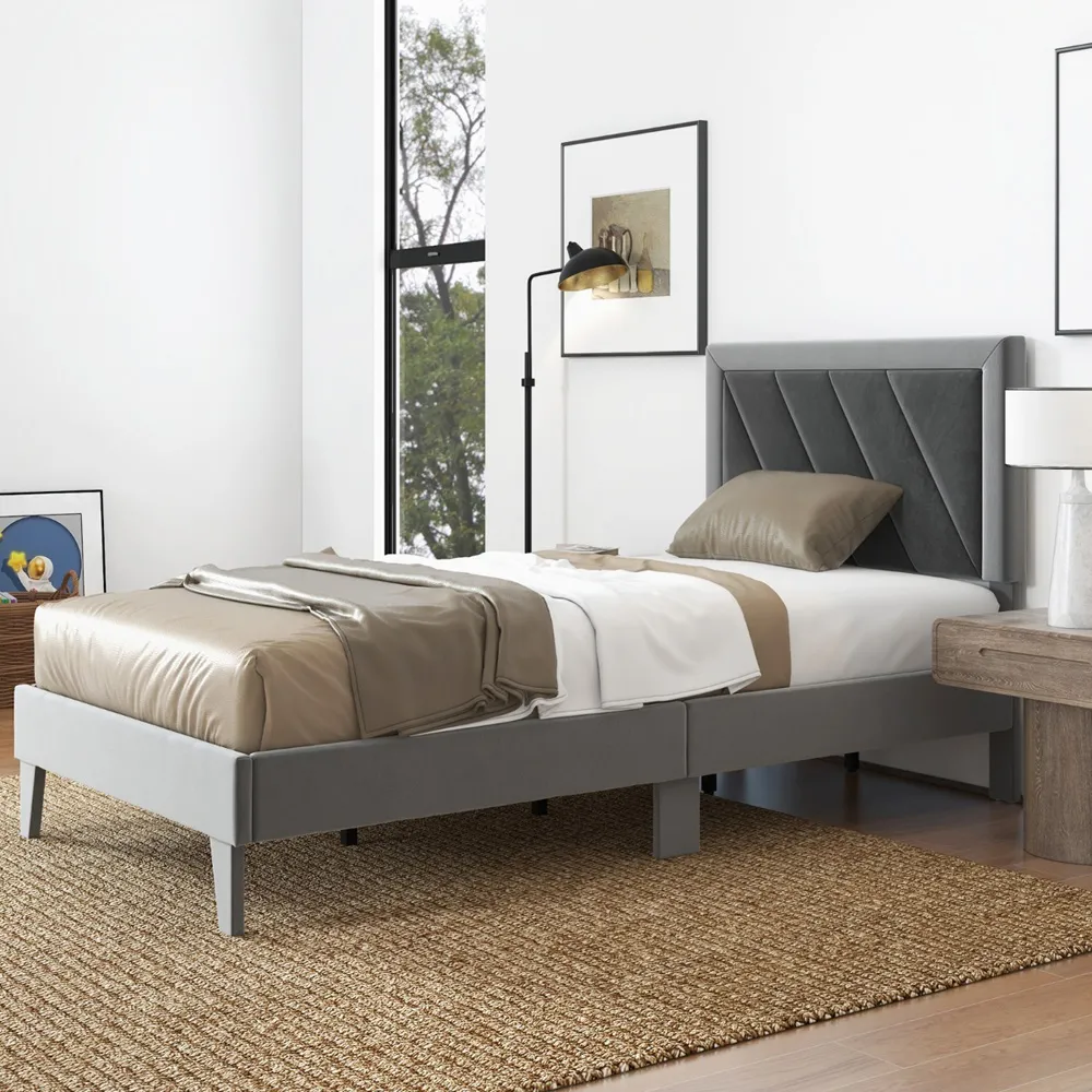 Single High Headboard Bed Frame - Grey, Velvet