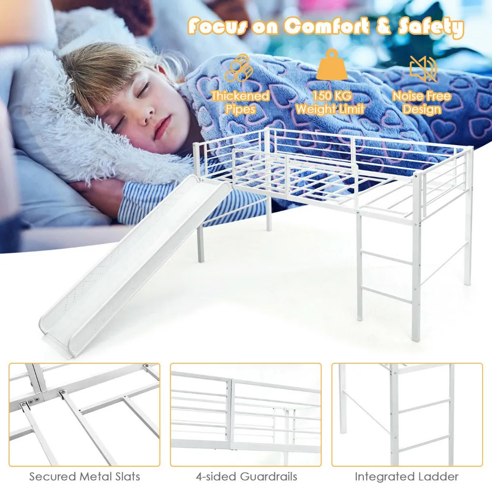 Single Kids Bed with Slide and Stairs - White