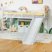 Single Kids Bed with Slide and Stairs - White
