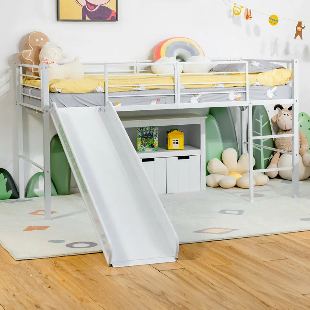 Single Kids Bed with Slide and Stairs - White image