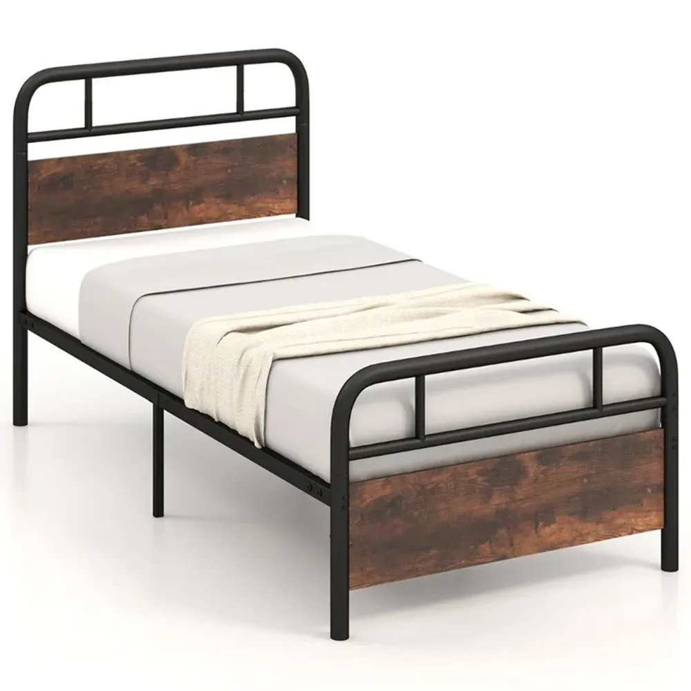 Single Metal Bed Frame with Industrial Headboard - Black