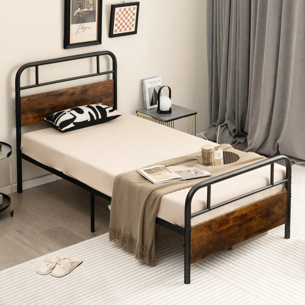 Single Metal Bed Frame with Industrial Headboard - Black