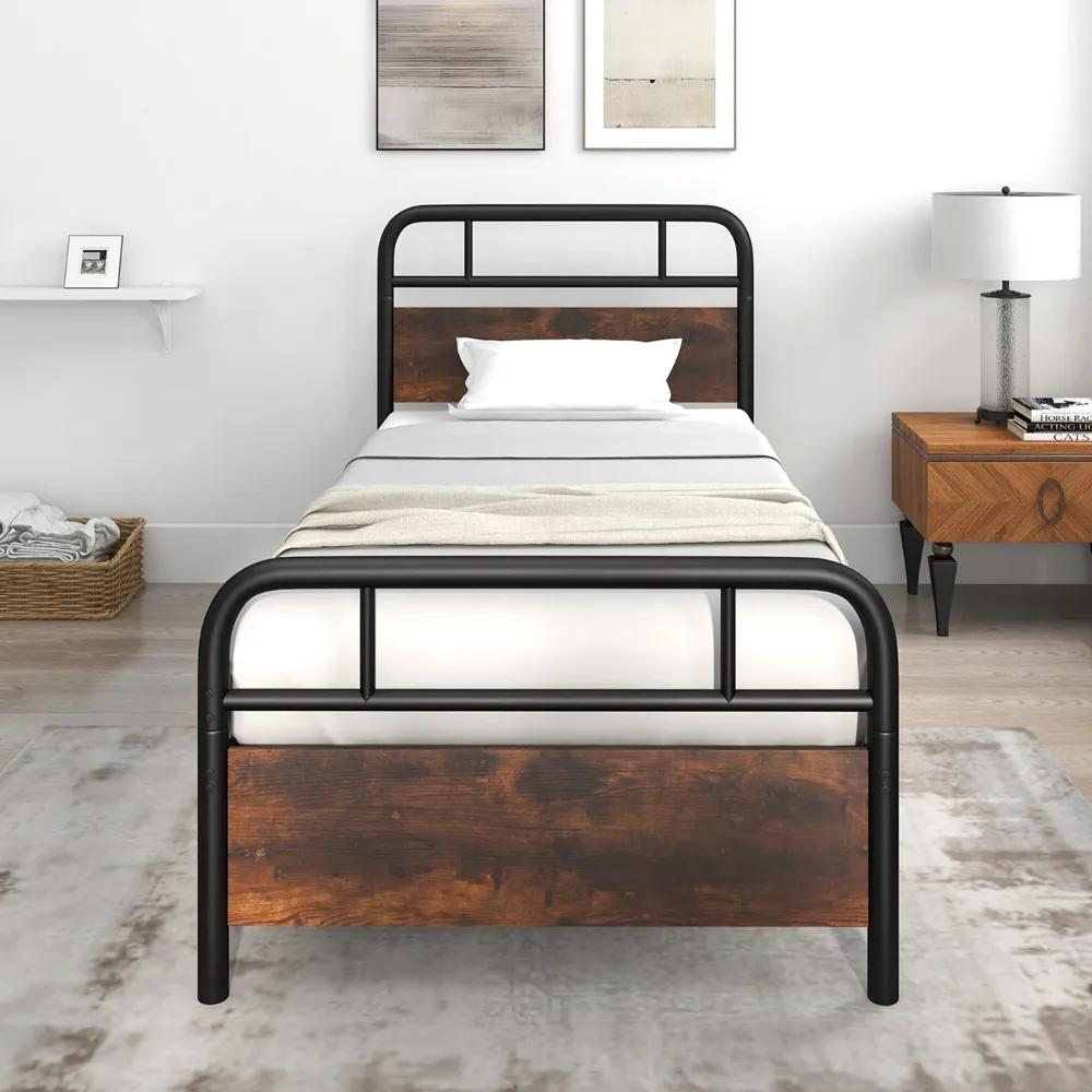 Single Metal Bed Frame with Industrial Headboard - Black