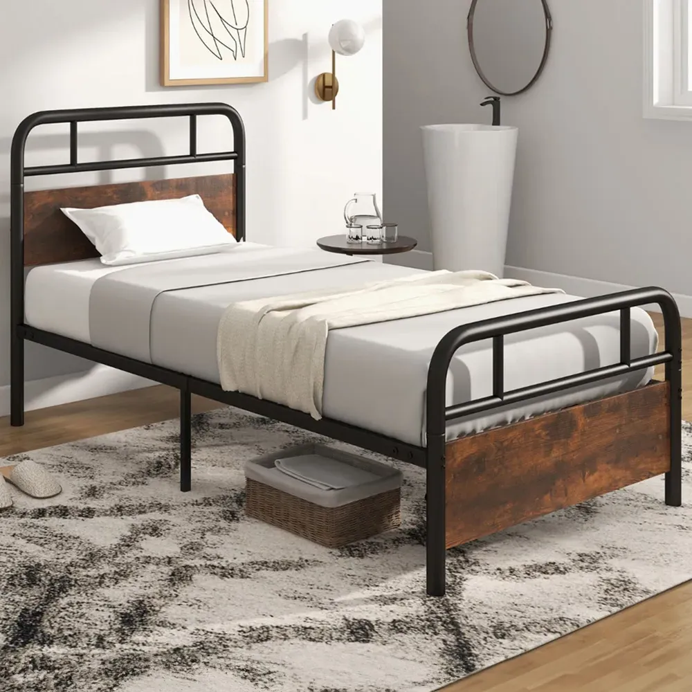 Single Metal Bed Frame with Industrial Headboard - Black image