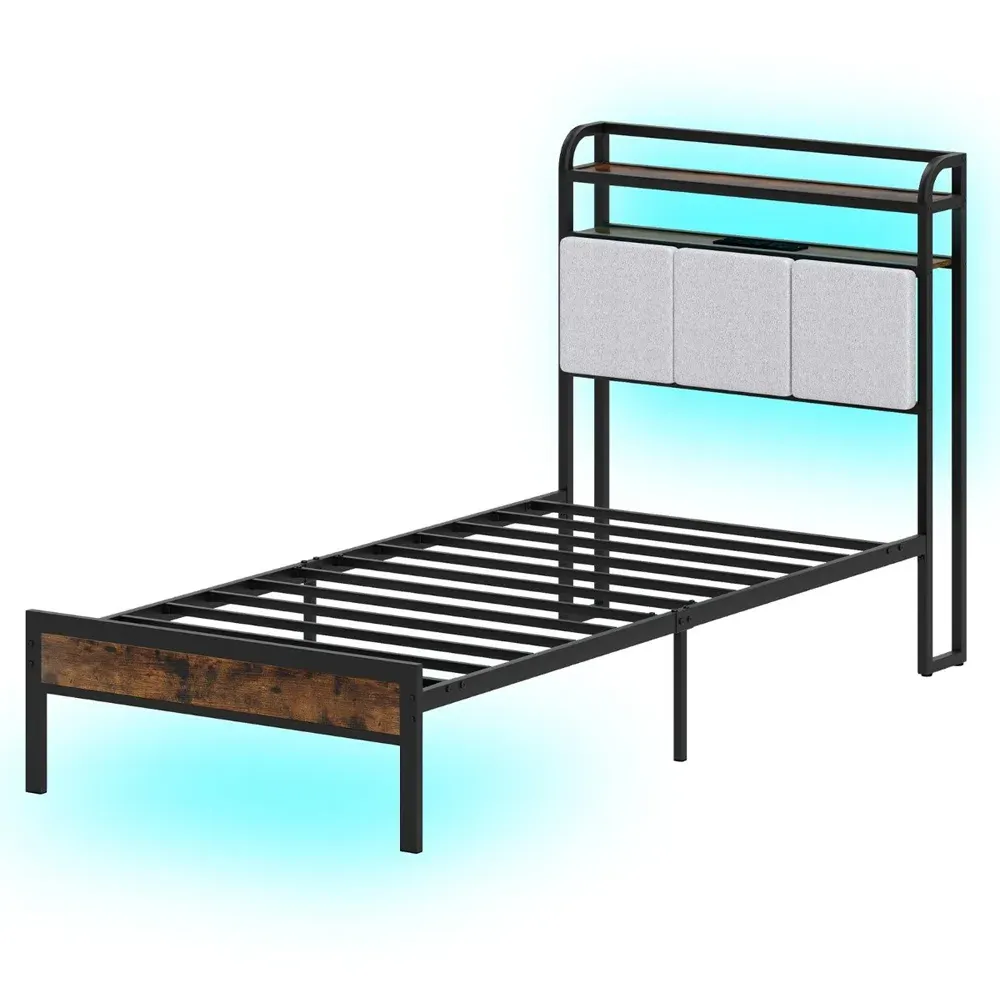 Single Metal Bed Frame with LED and Charging Station - Multi