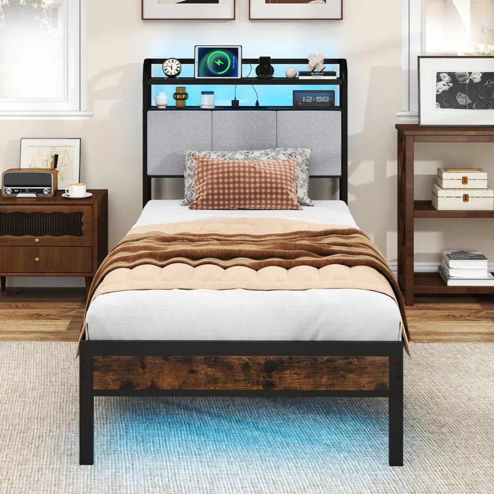 Single Metal Bed Frame with LED and Charging Station - Multi