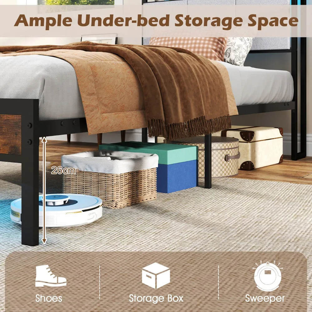 Single Metal Bed Frame with LED and Charging Station - Multi