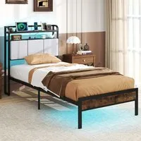 Single Metal Bed Frame with LED and Charging Station - Multi