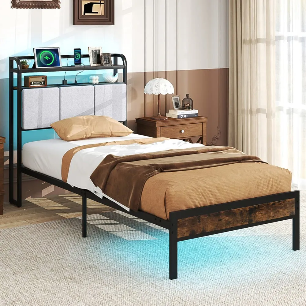 Single Metal Bed Frame with LED and Charging Station - Multi
