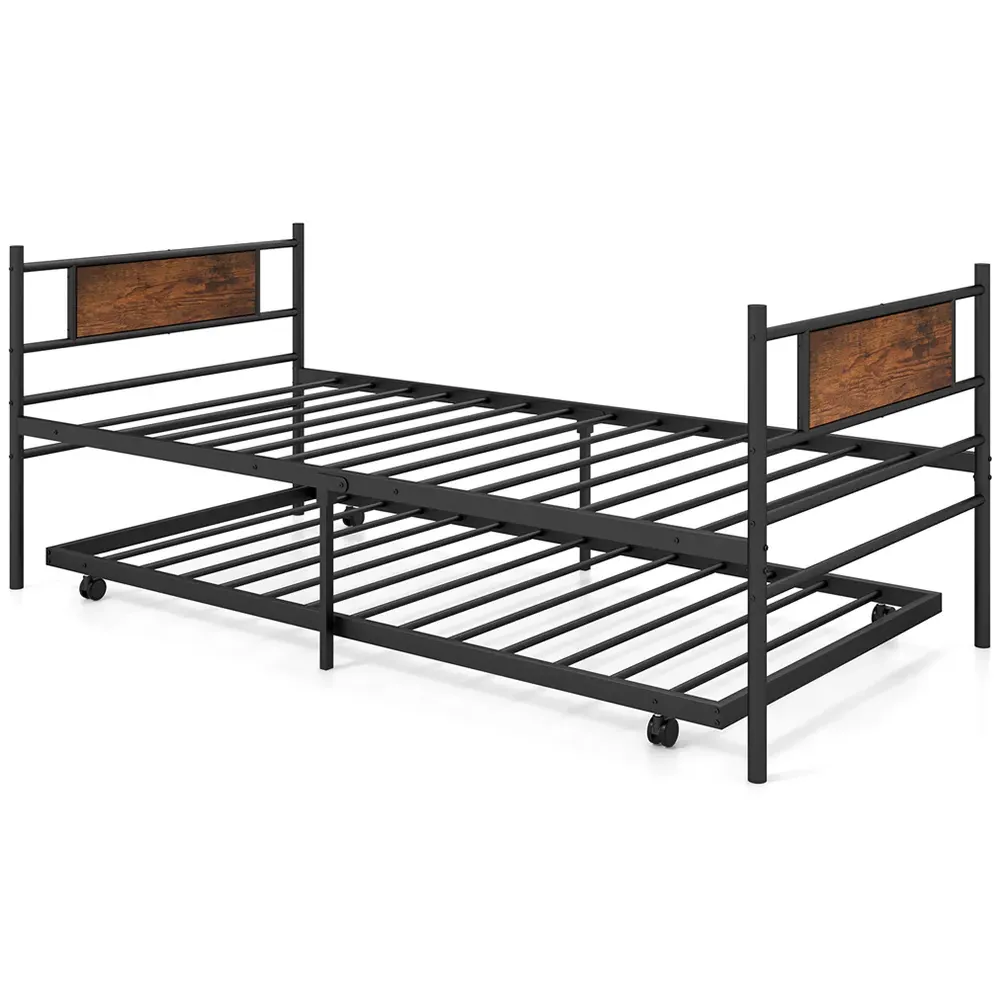 Single Metal Bed Frame with Trundle - Brown