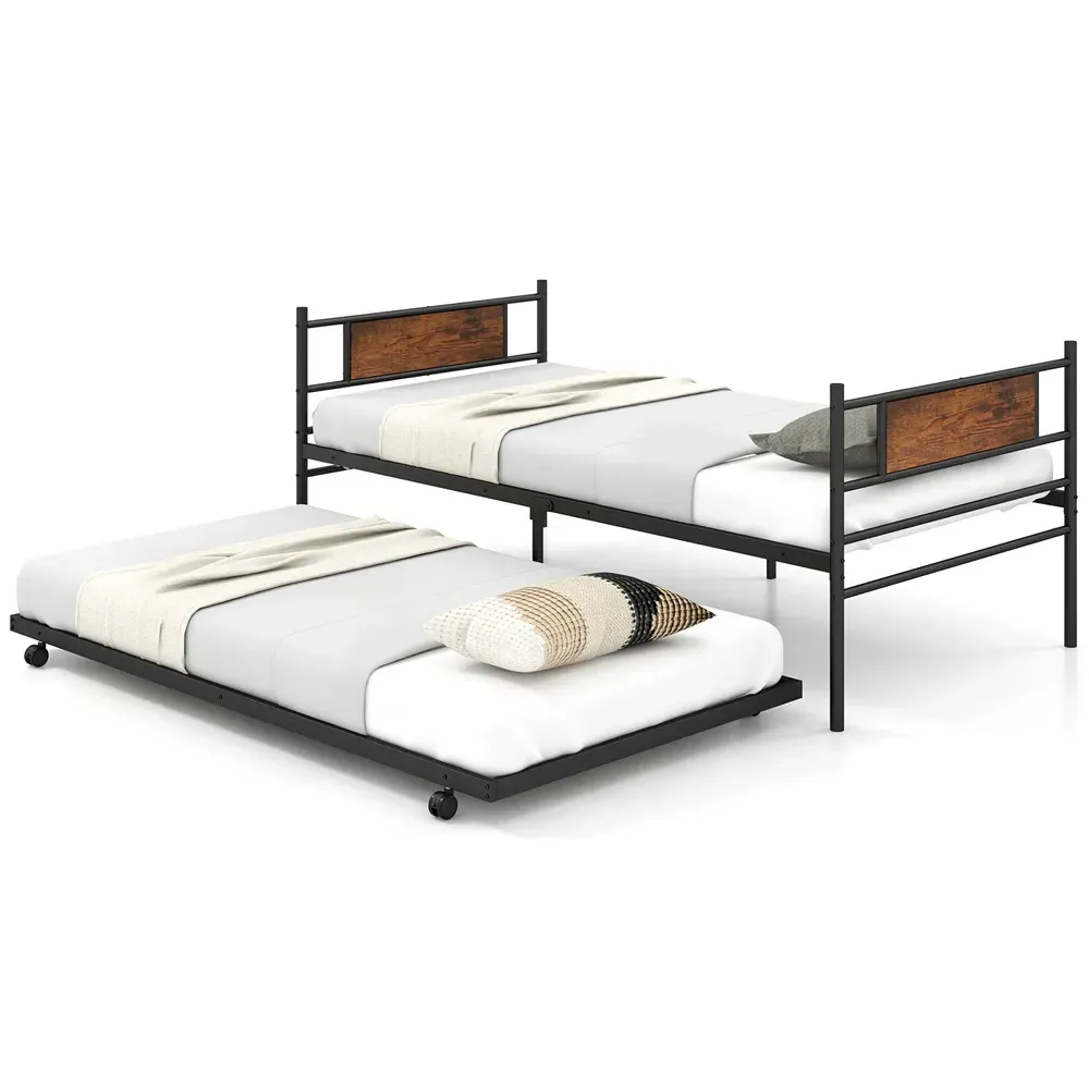 Single Metal Bed Frame with Trundle - Brown