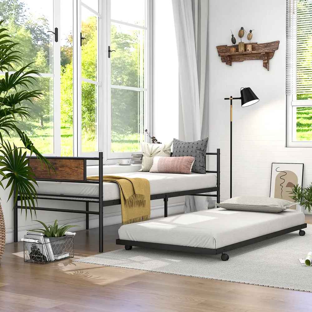 Single Metal Bed Frame with Trundle - Brown