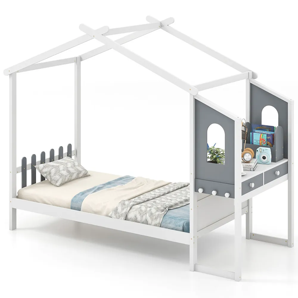 Single Montessori House Bed Frame with Desk - Wood