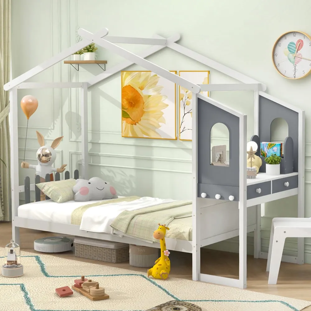 Single Montessori House Bed Frame with Desk - Wood image