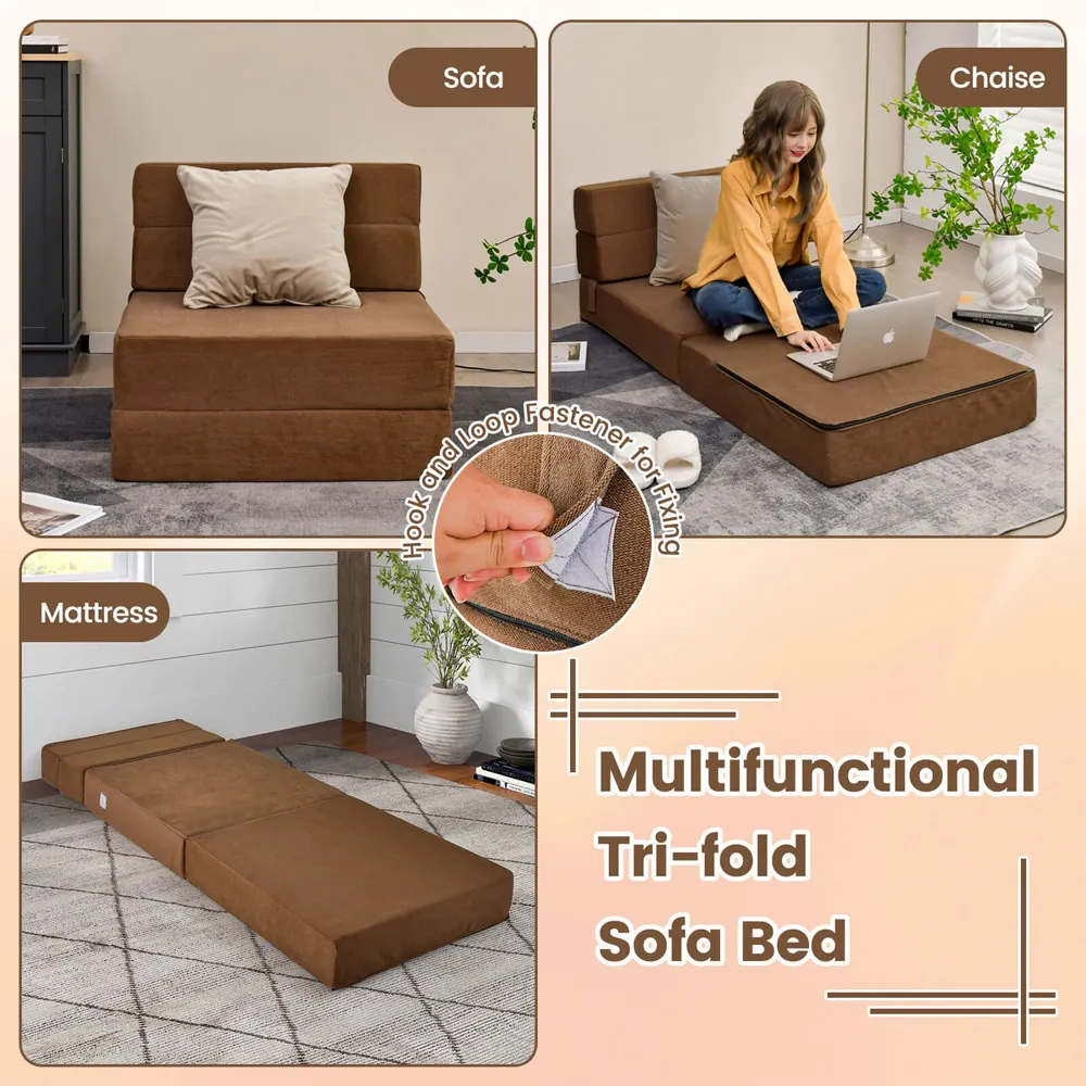 Single Seater Tri-Folding Convertible Sofa Bed - Brown