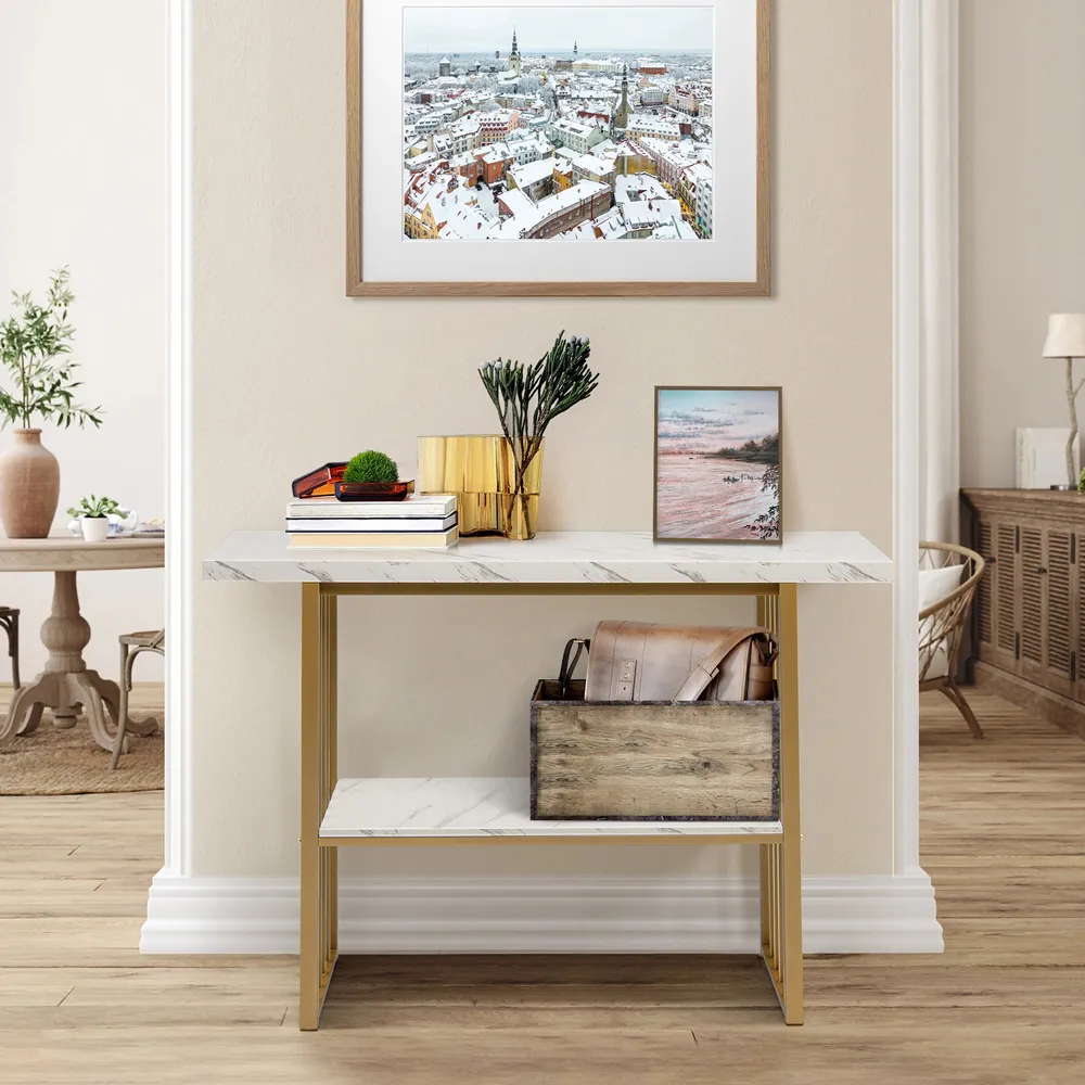 Single Shelf Faux Marble Console Table - Gold, White