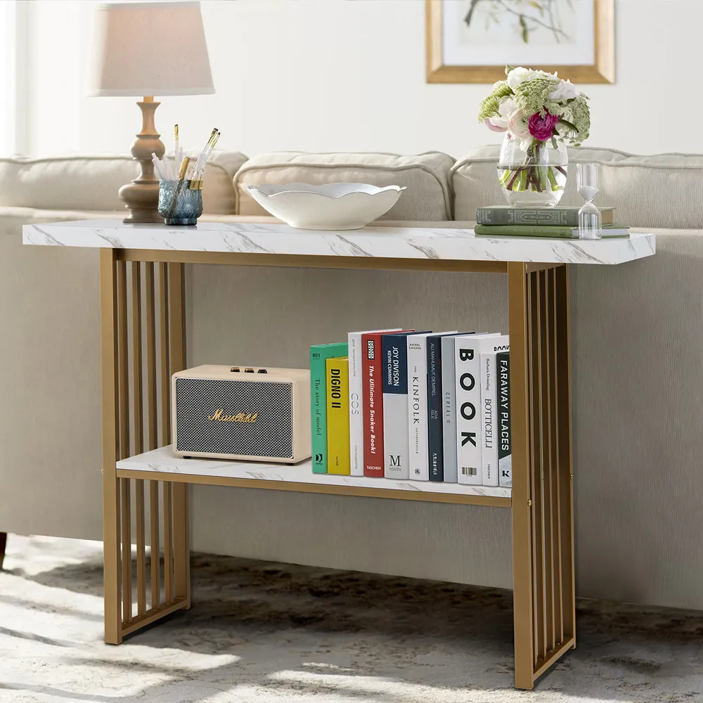 Single Shelf Faux Marble Console Table - Gold, White