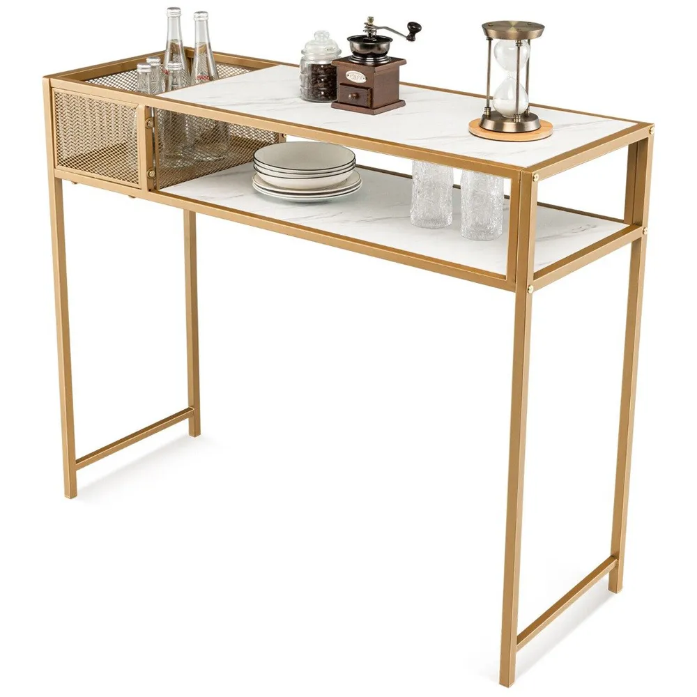 Single Shelf Faux Marble Console Table with Mesh Basket - White