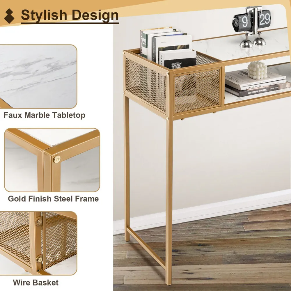 Single Shelf Faux Marble Console Table with Mesh Basket - White