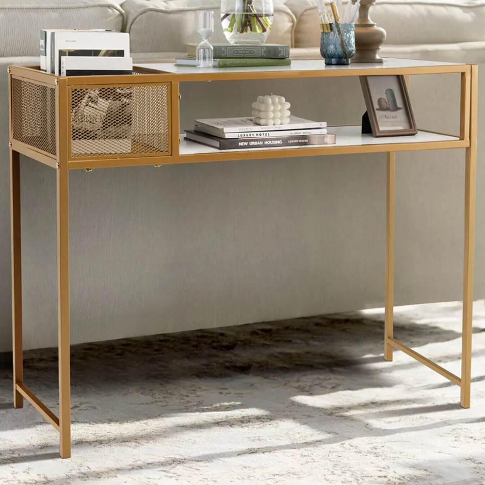 Single Shelf Faux Marble Console Table with Mesh Basket - White