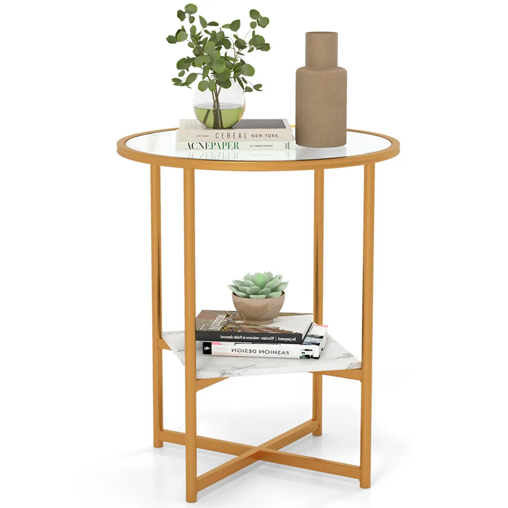 Single Shelf Round Side Table - White, Faux Marble