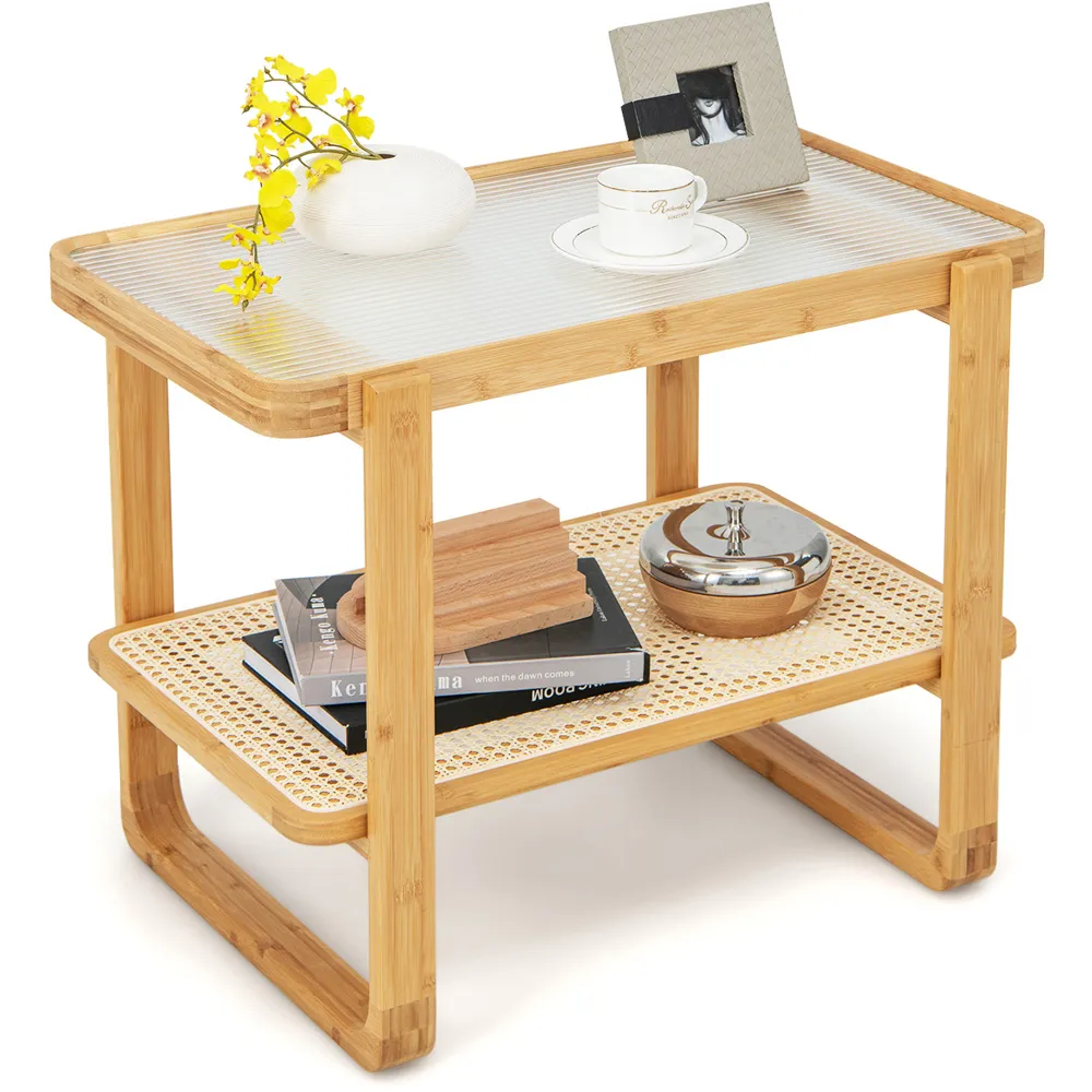 Single Shelf Side Table - Cream, Bamboo Rattan