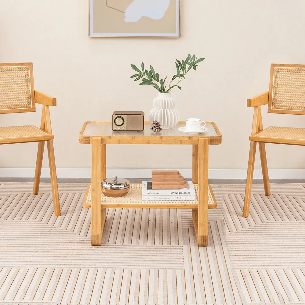 Single Shelf Side Table - Cream, Bamboo Rattan