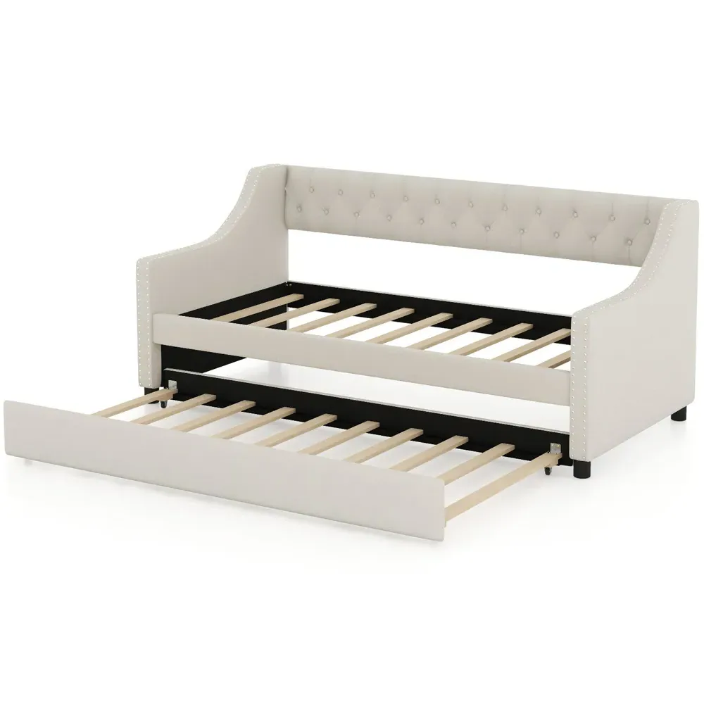 Single Trundle Bed with Backrest - Beige, Linen