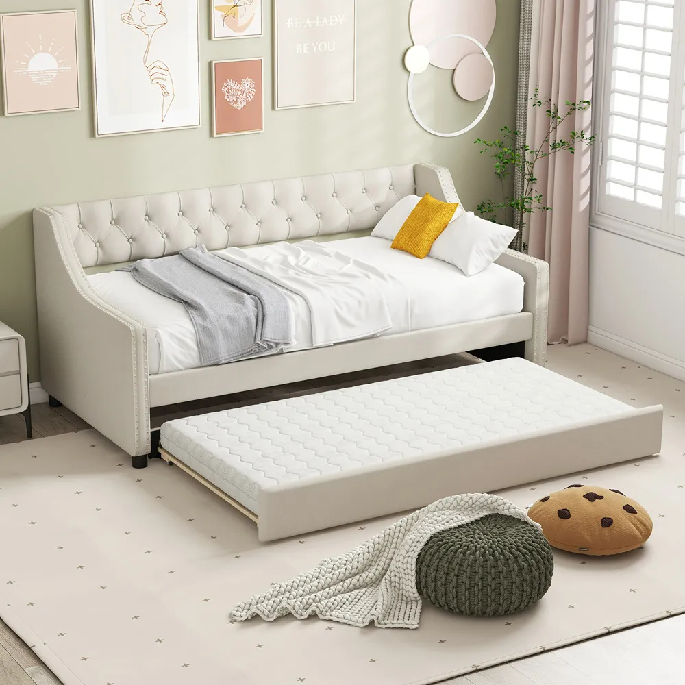 Single Trundle Bed with Backrest - Beige, Linen