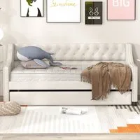 Single Trundle Bed with Backrest - Beige, Linen