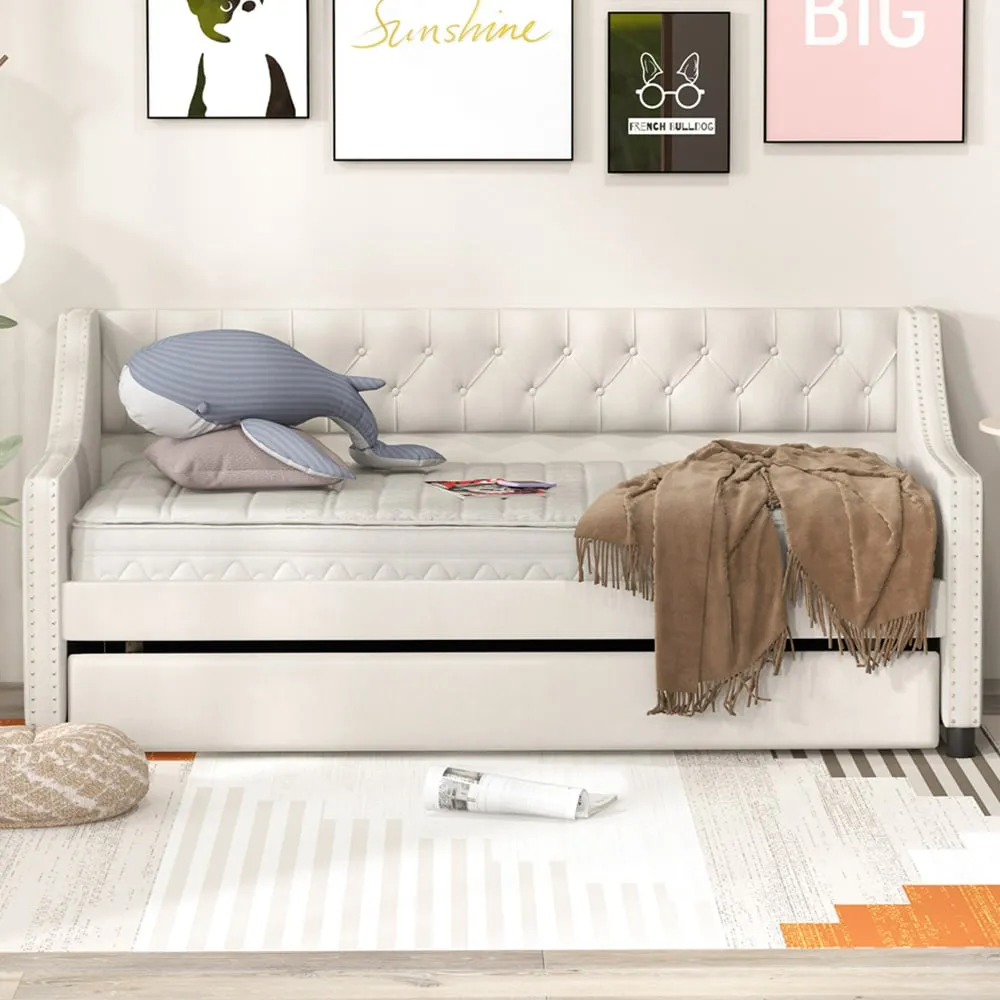 Single Trundle Bed with Backrest - Beige, Linen image