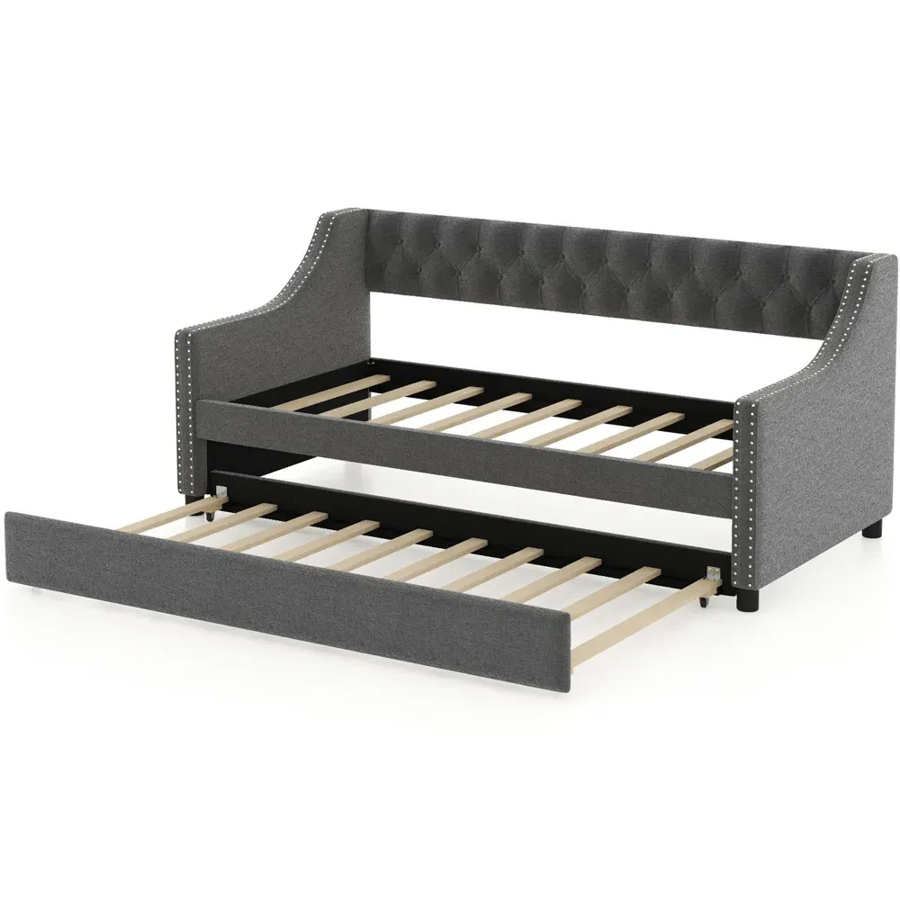 Single Trundle Bed with Backrest - Grey, Linen