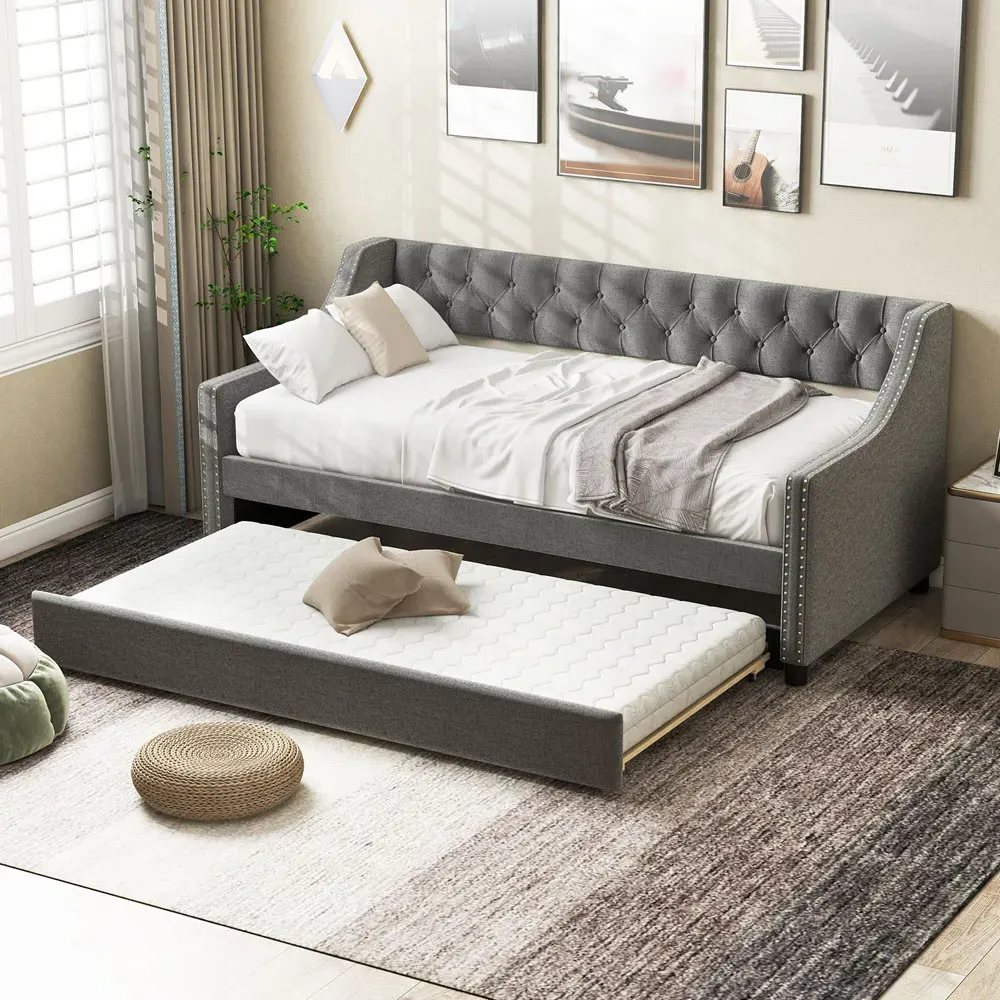 Single Trundle Bed with Backrest - Grey, Linen