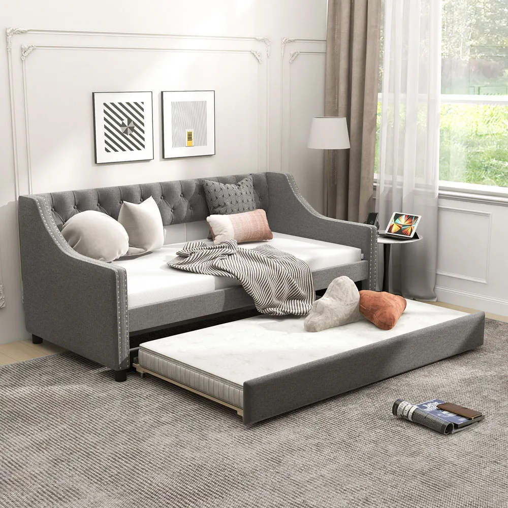 Single Trundle Bed with Backrest - Grey, Linen