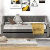 Single Trundle Bed with Backrest - Grey, Linen